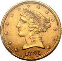 United States: Half Eagle Coronet Head 1891 CC Gold 5 Dollars PCGS AU58