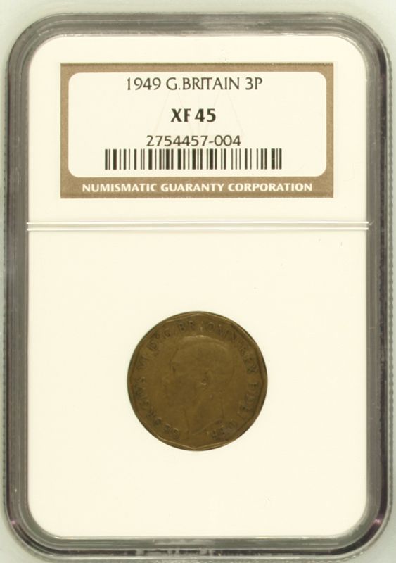 1949 Nickel-Brass (Neusilber) Threepence Brass NGC XF 45