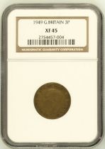 1949 Nickel-Brass (Neusilber) Threepence Brass NGC XF 45