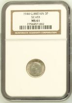 1944 Silver Threepence (Silver, circulating) NGC MS 61