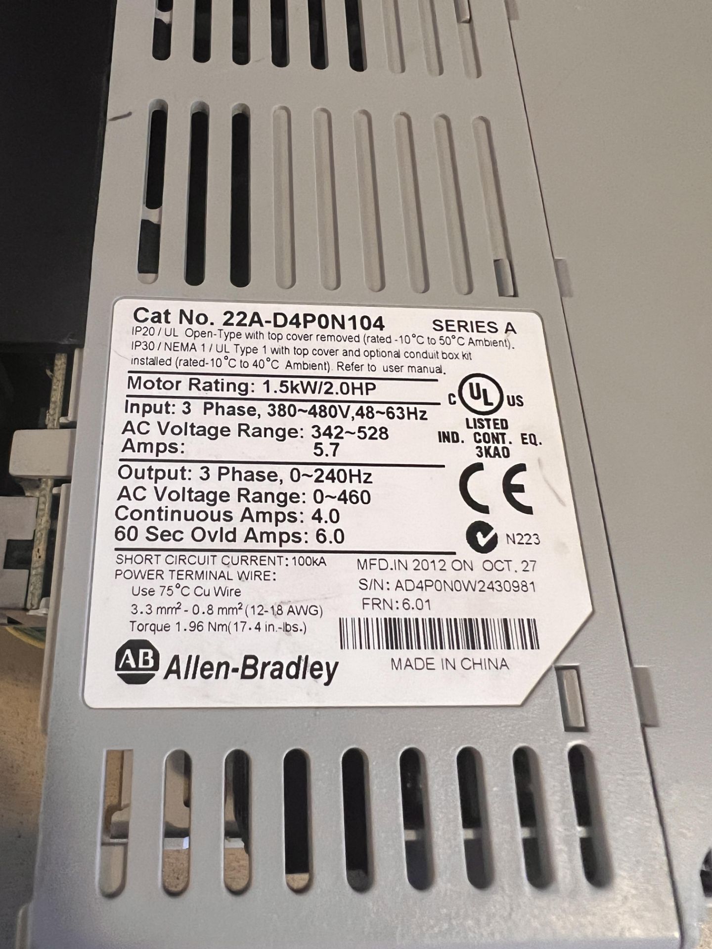 ALLEN BRADLEY POWERFLEX 4 AC DRIVE - Image 2 of 2