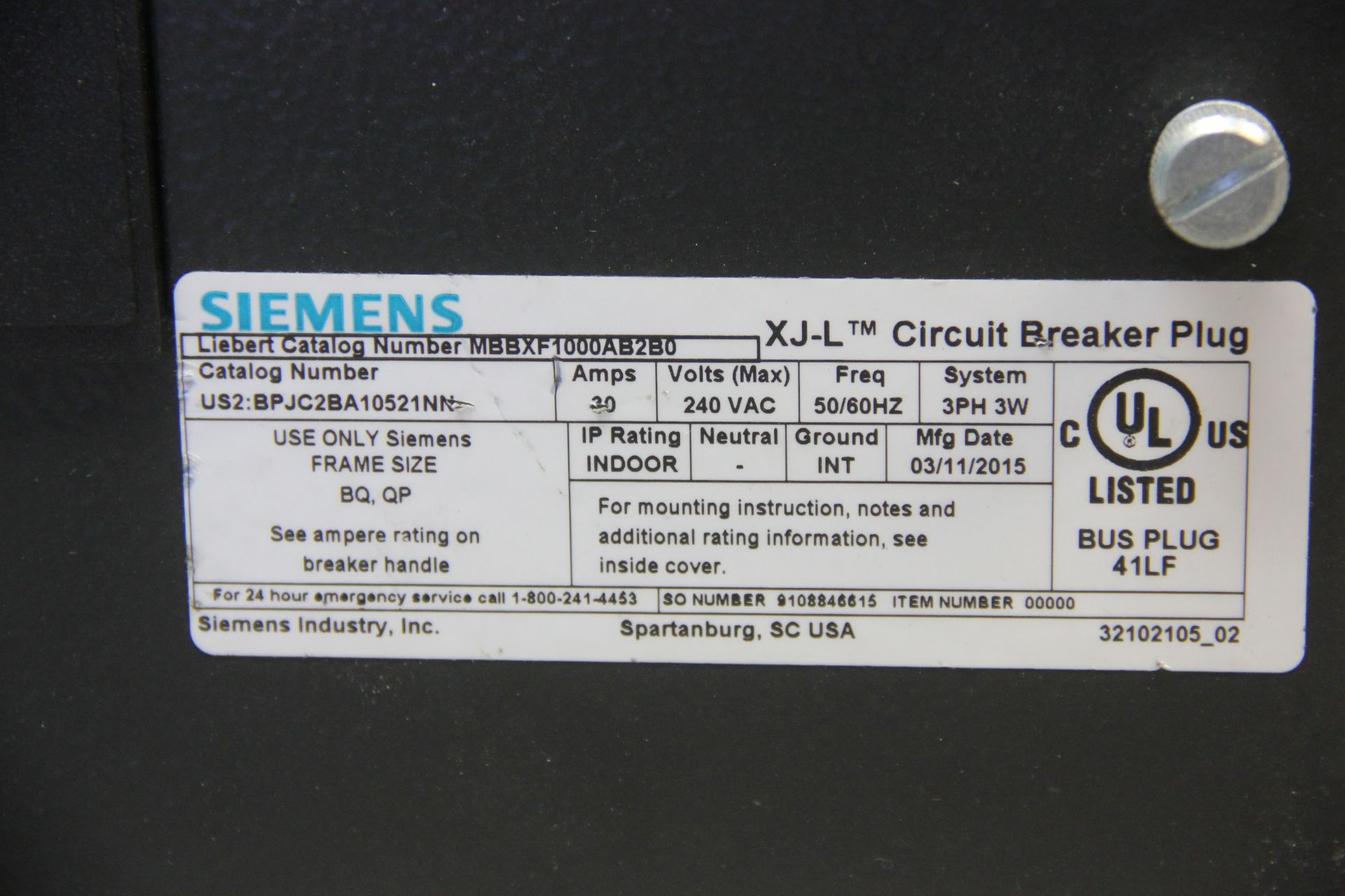 SIEMENS XJ-L CIRCUIT BREAKER PLUG - Image 2 of 5