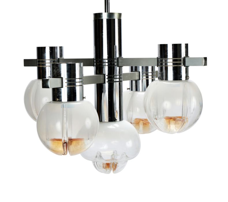 A 1960's Italian chrome and glass five light chandelier by Lamter Milano