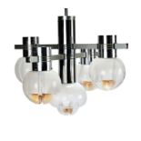 A 1960's Italian chrome and glass five light chandelier by Lamter Milano
