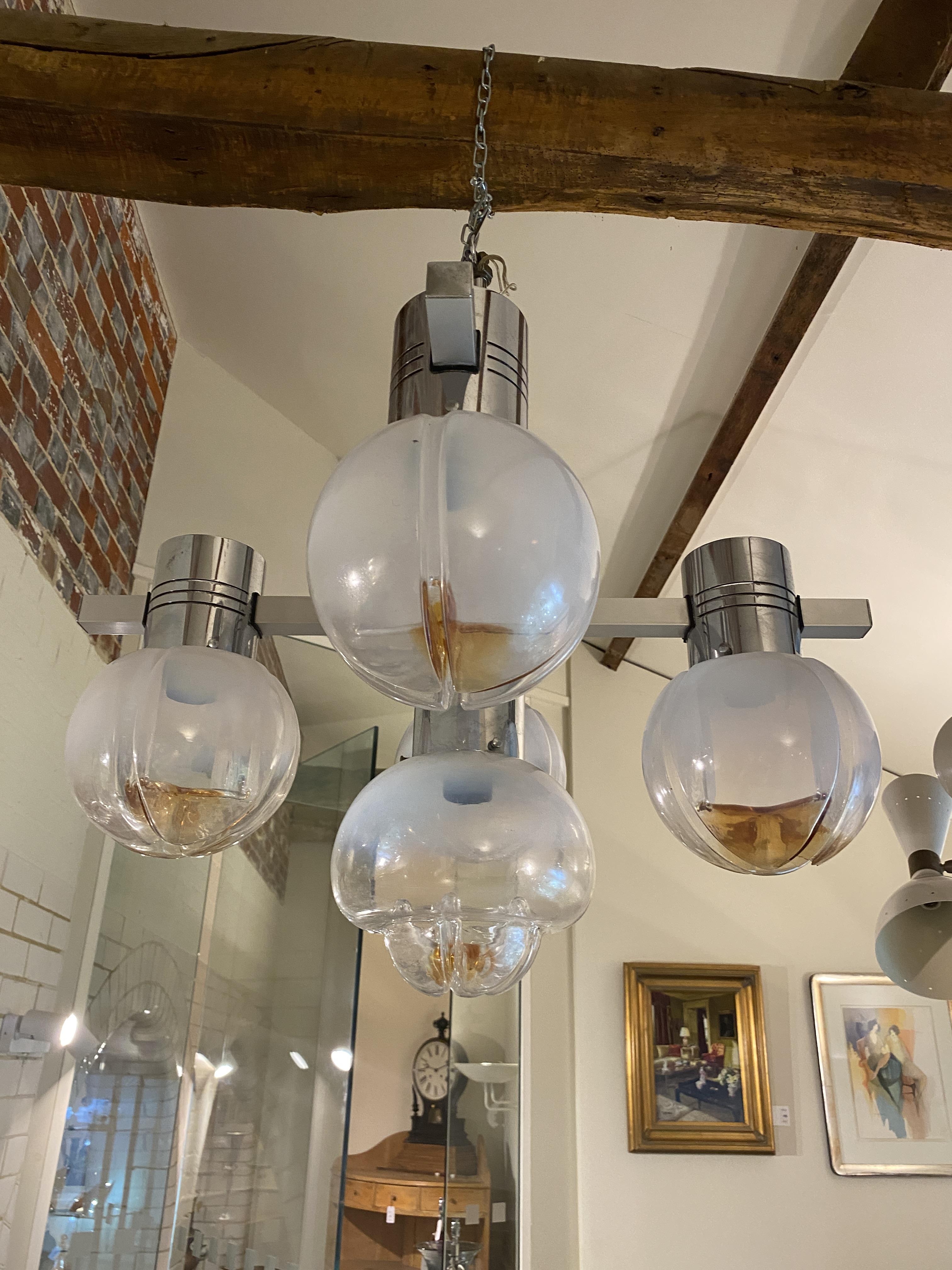 A 1960's Italian chrome and glass five light chandelier by Lamter Milano - Image 2 of 14