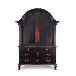 A late 18th century Swedish later black painted pine cabinet on chest