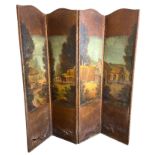 A 19th century continental leather four fold screen decorated with landscape views