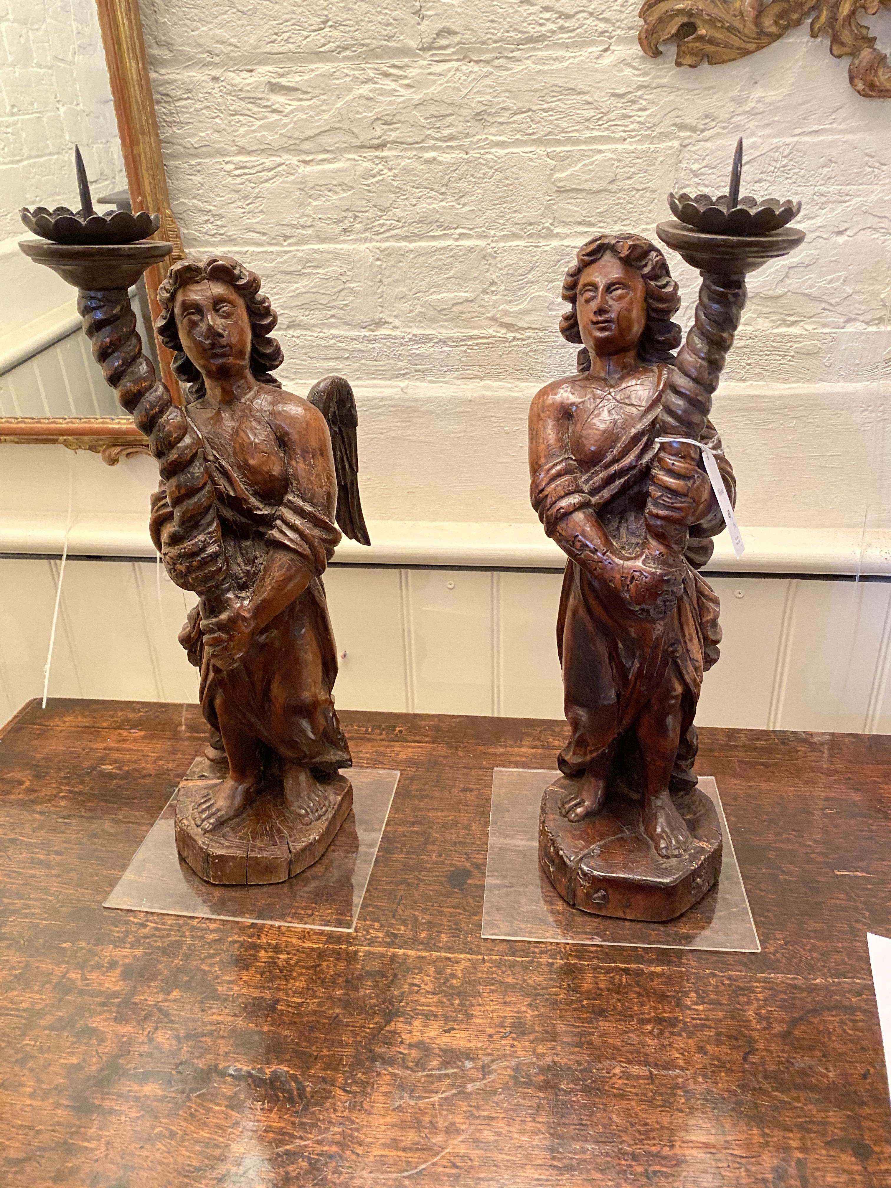 A pair of 17th century Flemish carved walnut pricket candlesticks - Image 2 of 17