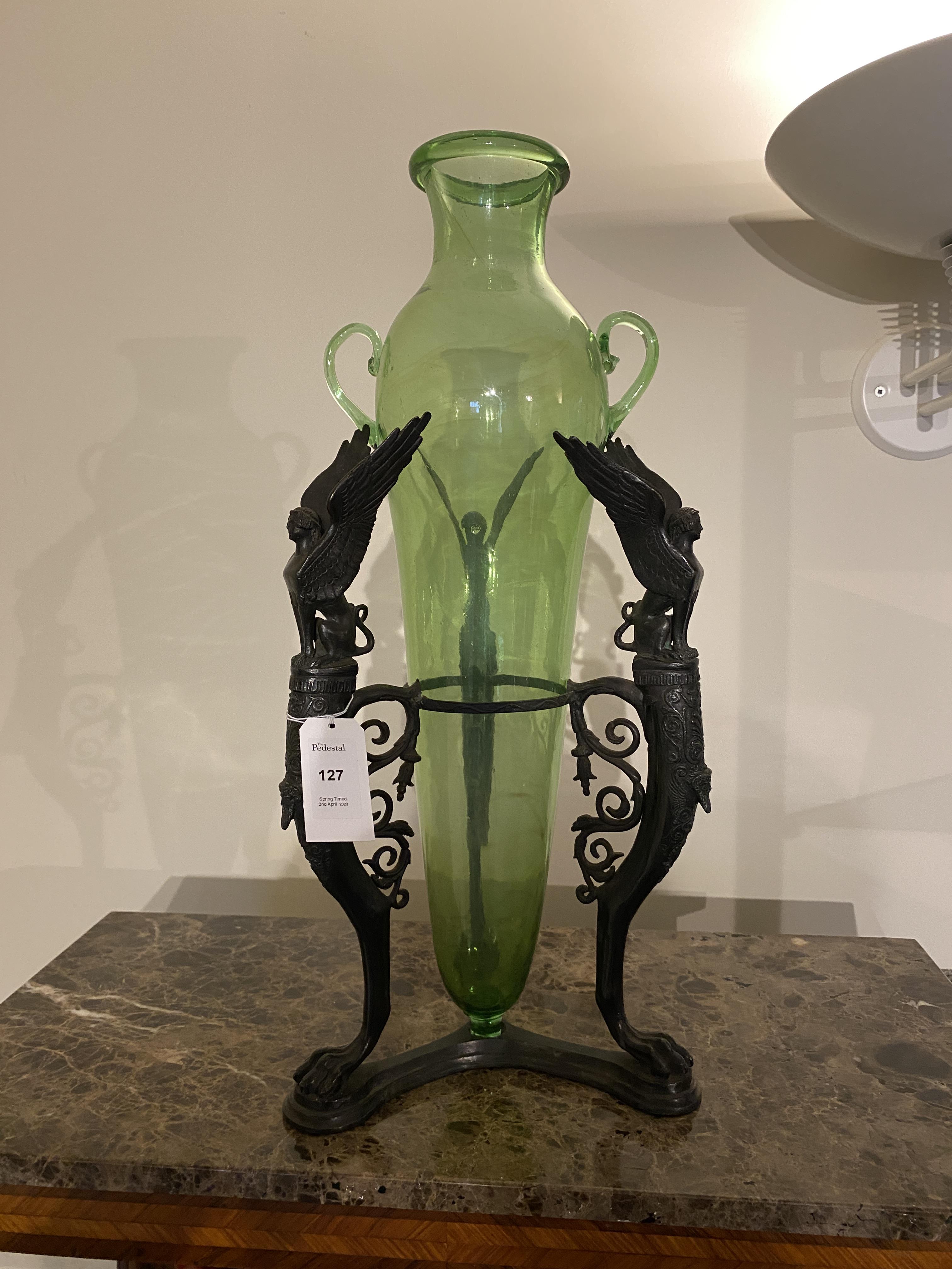 A late 19th century French Empire style green glass amphora on a patinated bronze triform base - Image 2 of 10