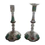 A pair of late 18th century South Staffordshire enamel candlesticks