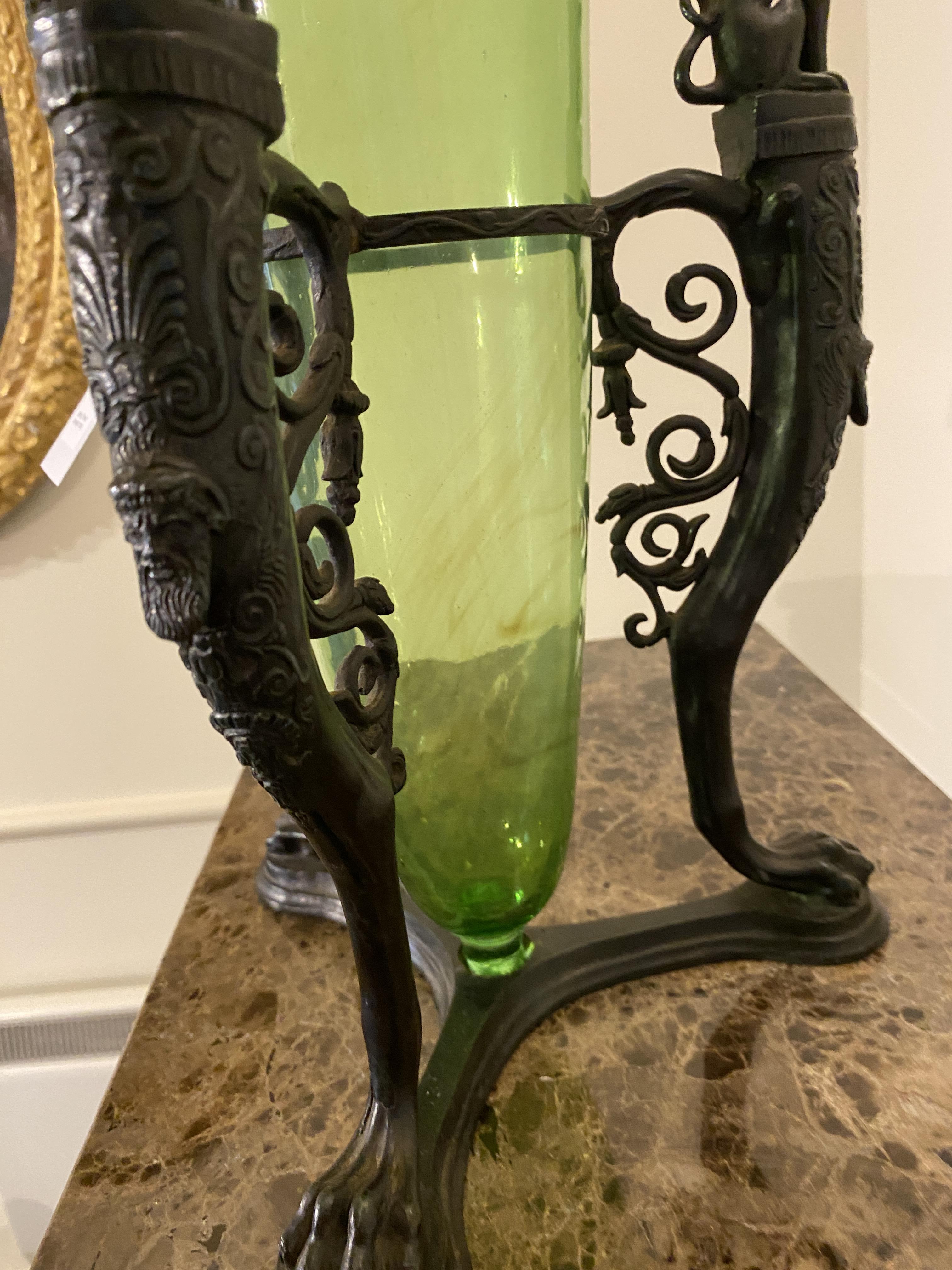 A late 19th century French Empire style green glass amphora on a patinated bronze triform base - Image 5 of 10