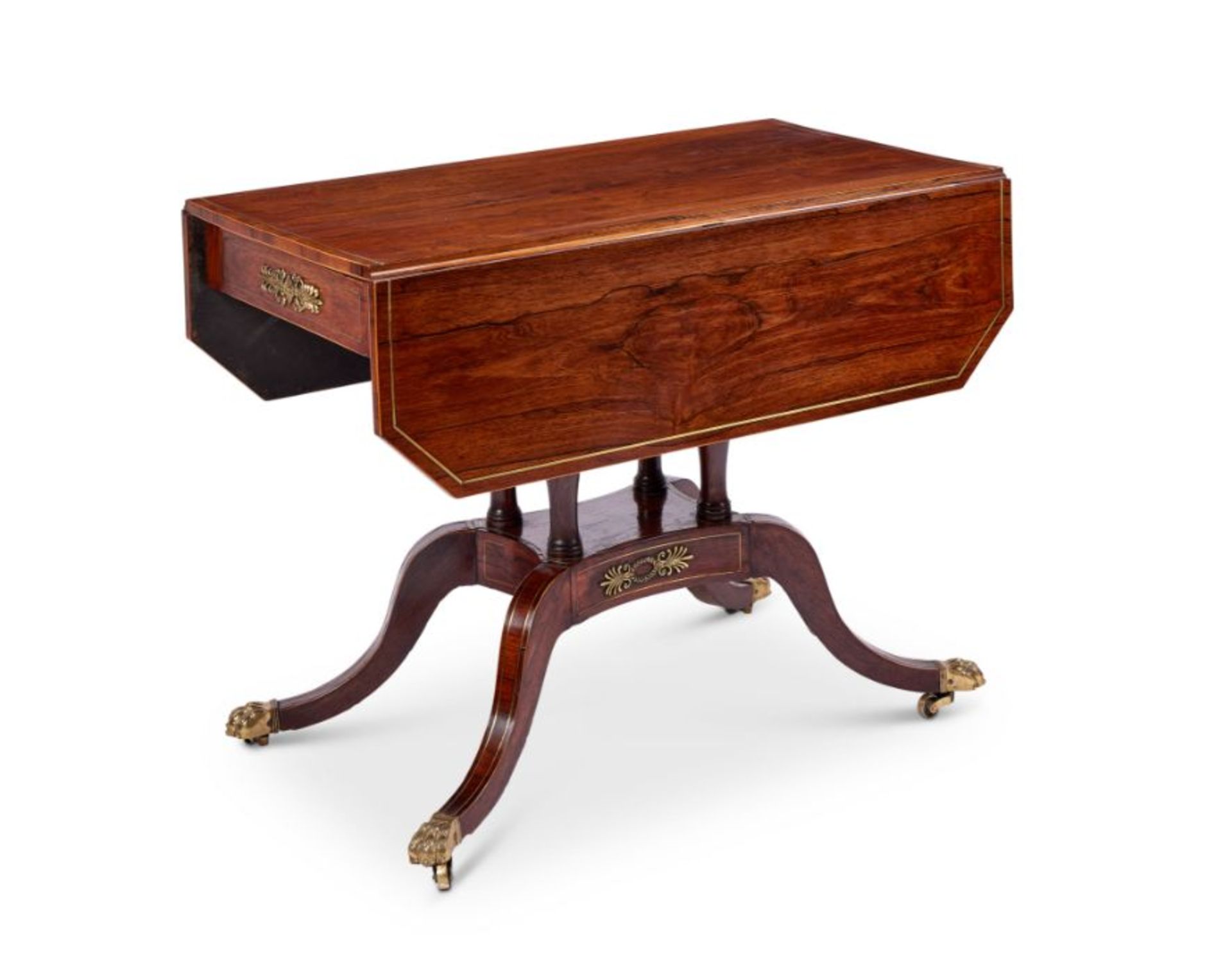 A Regency rosewood and brass inlaid drop leaf table - Image 2 of 11