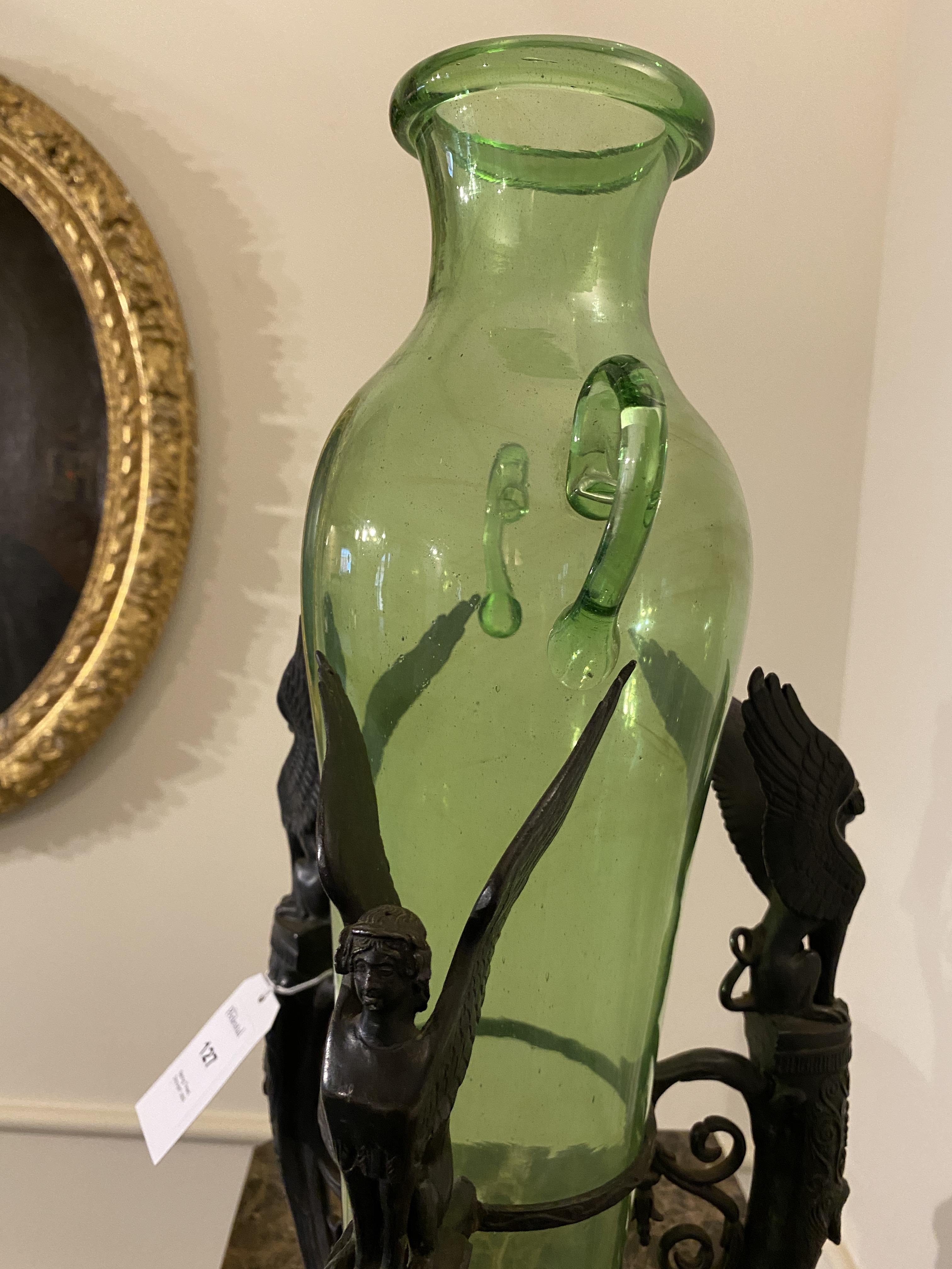 A late 19th century French Empire style green glass amphora on a patinated bronze triform base - Image 6 of 10