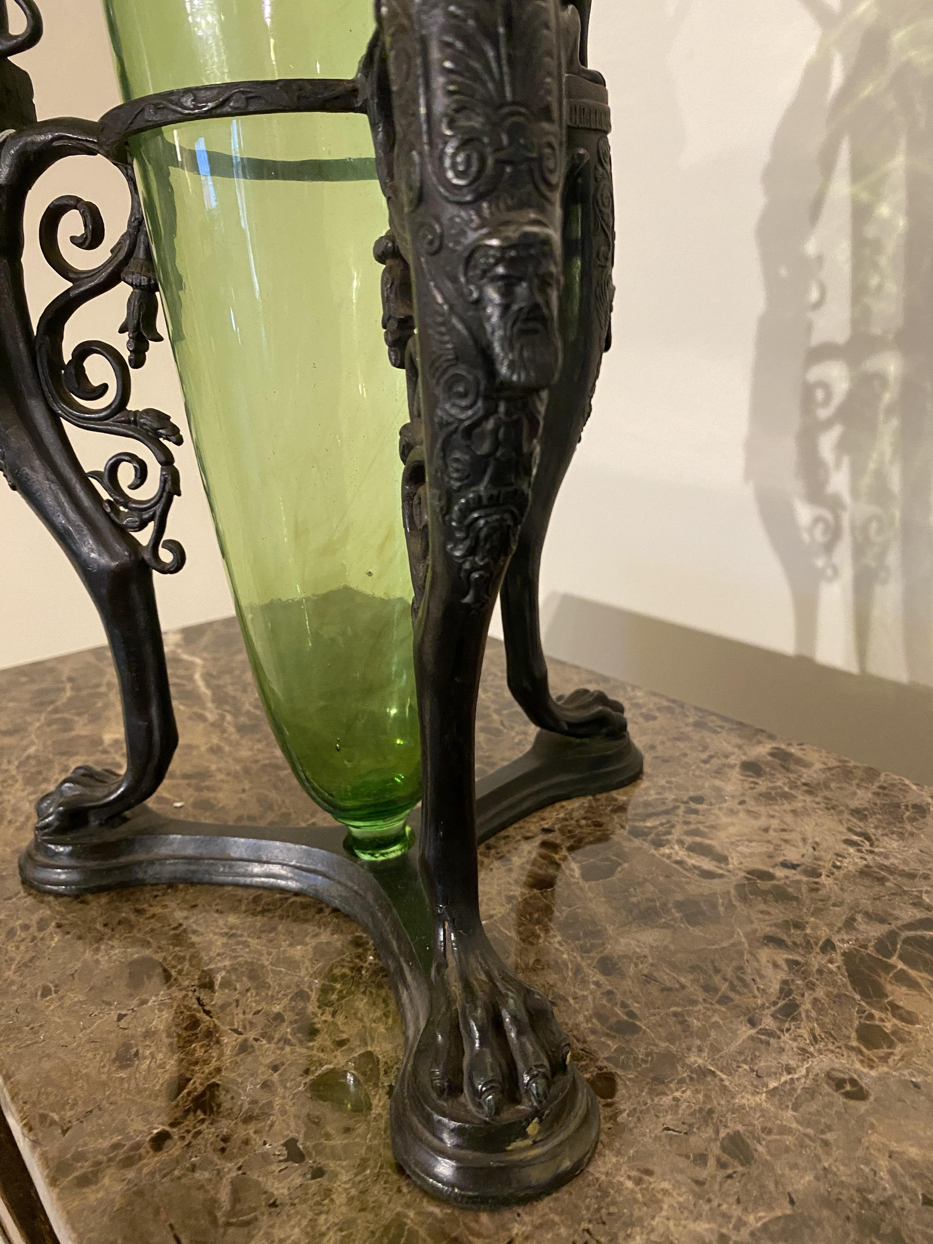 A late 19th century French Empire style green glass amphora on a patinated bronze triform base - Image 4 of 10