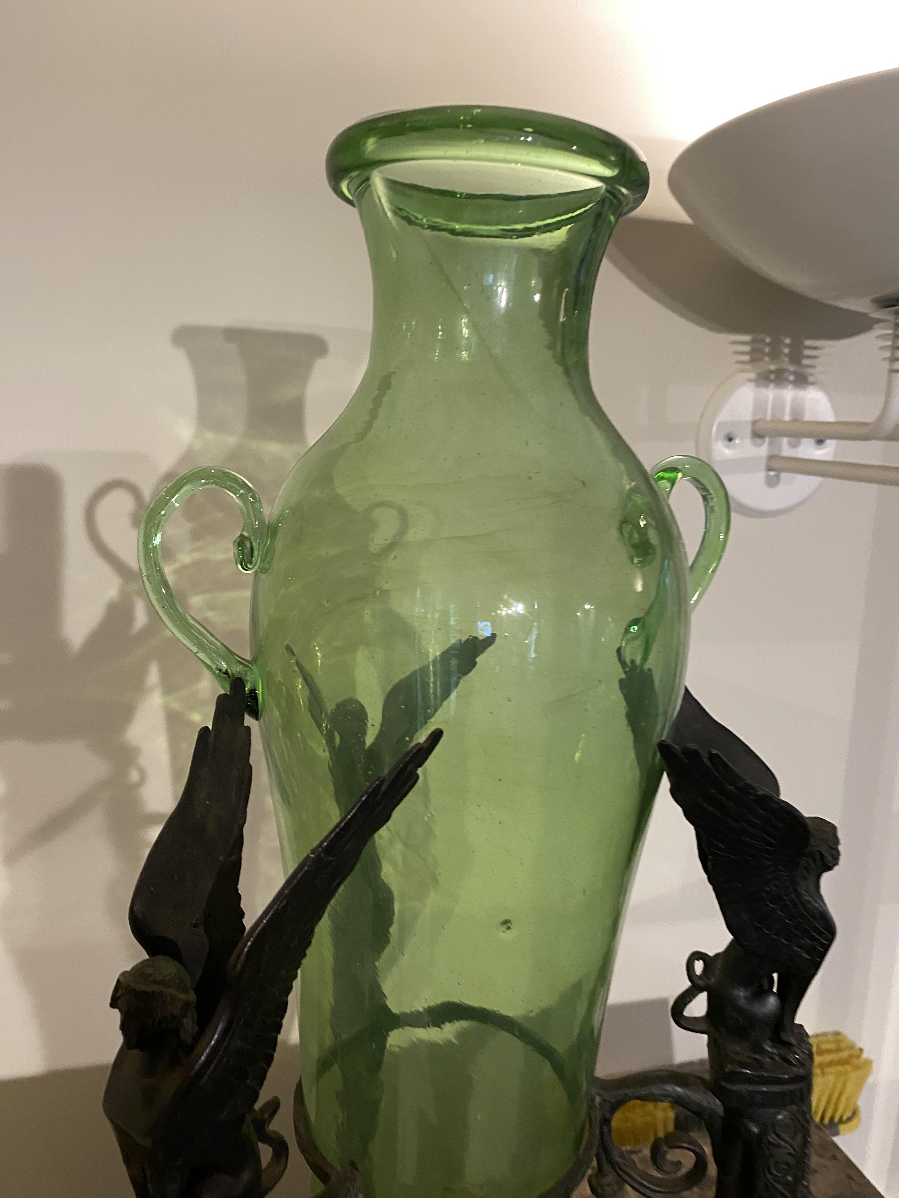 A late 19th century French Empire style green glass amphora on a patinated bronze triform base - Image 8 of 10