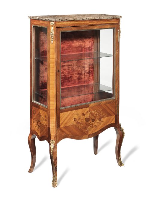 A late 19th century French kingwood and marquetry display cabinet