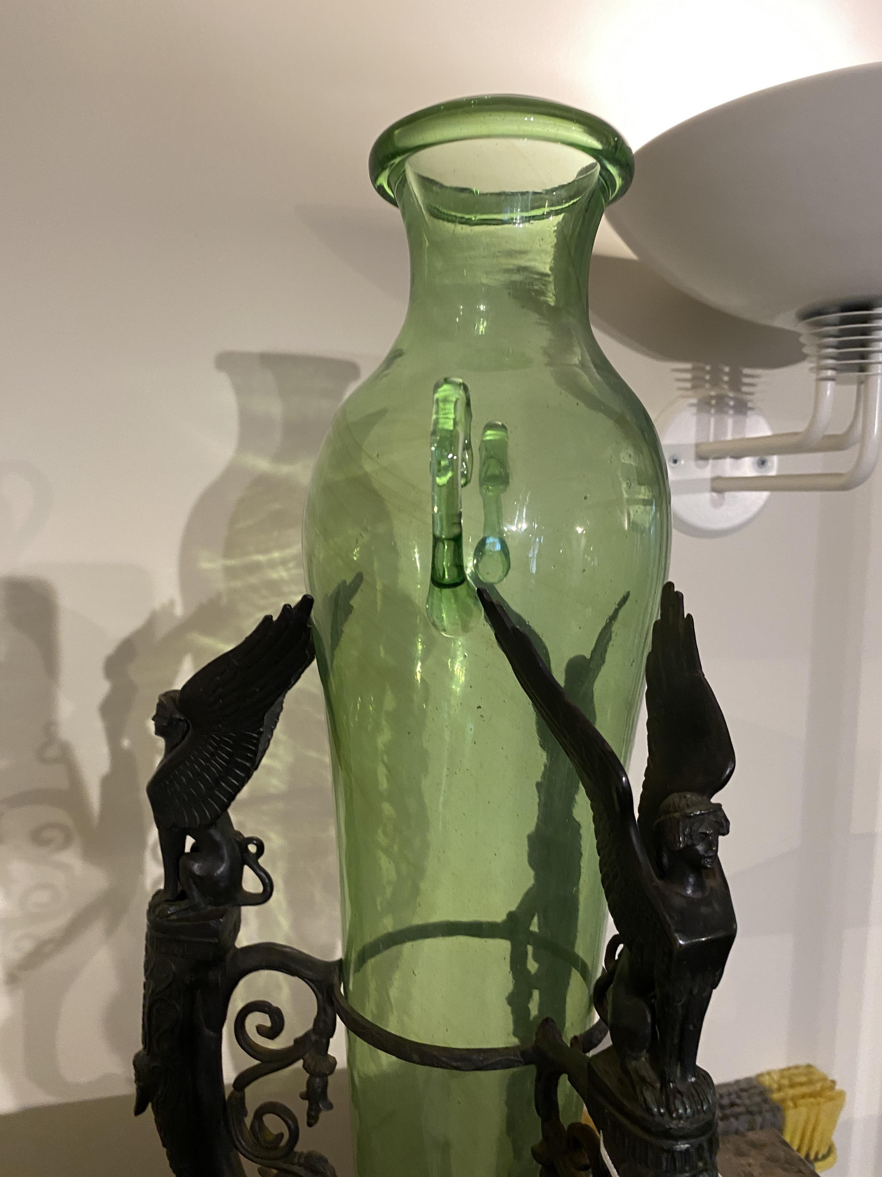 A late 19th century French Empire style green glass amphora on a patinated bronze triform base - Image 10 of 10