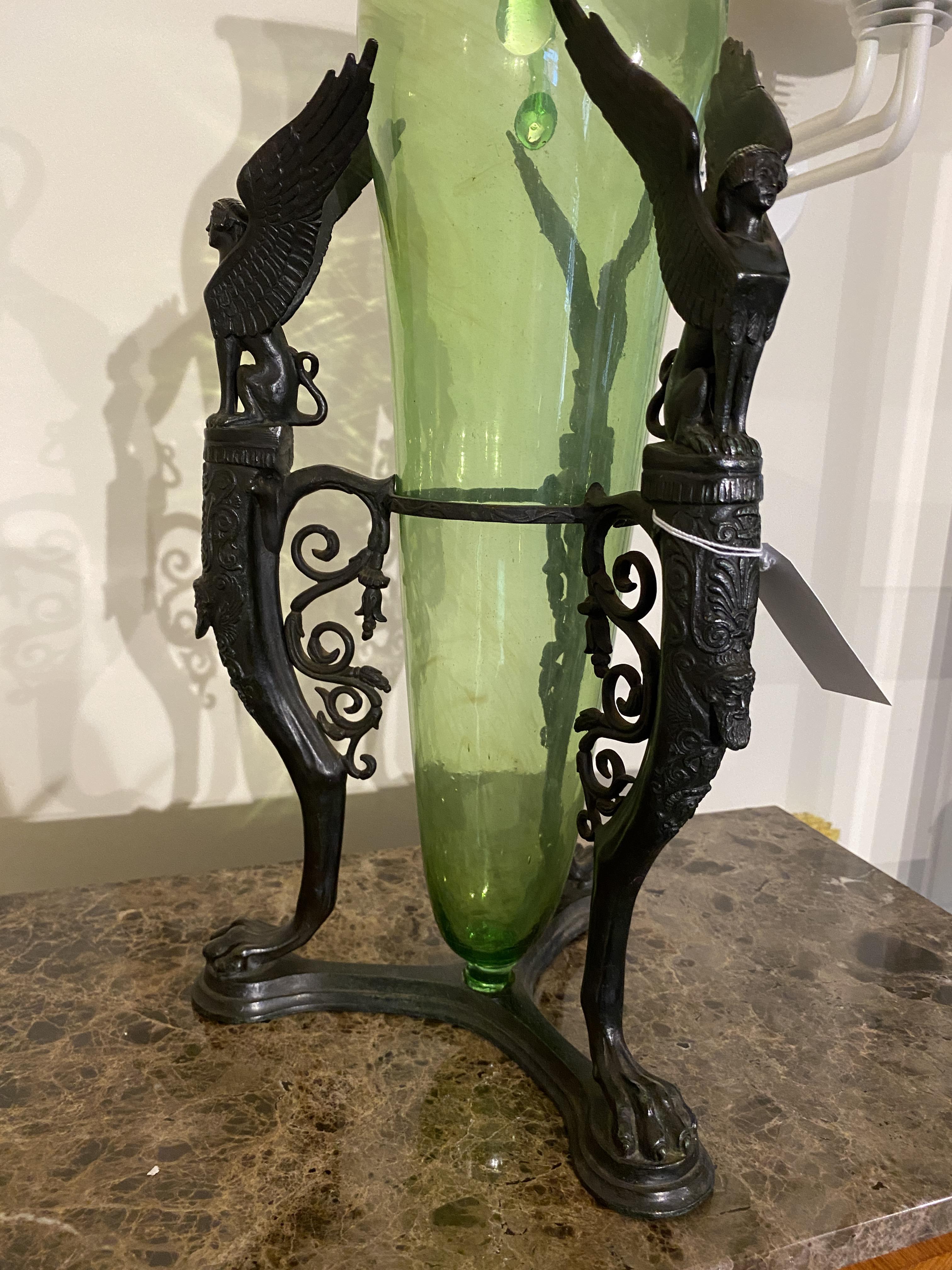 A late 19th century French Empire style green glass amphora on a patinated bronze triform base - Image 9 of 10