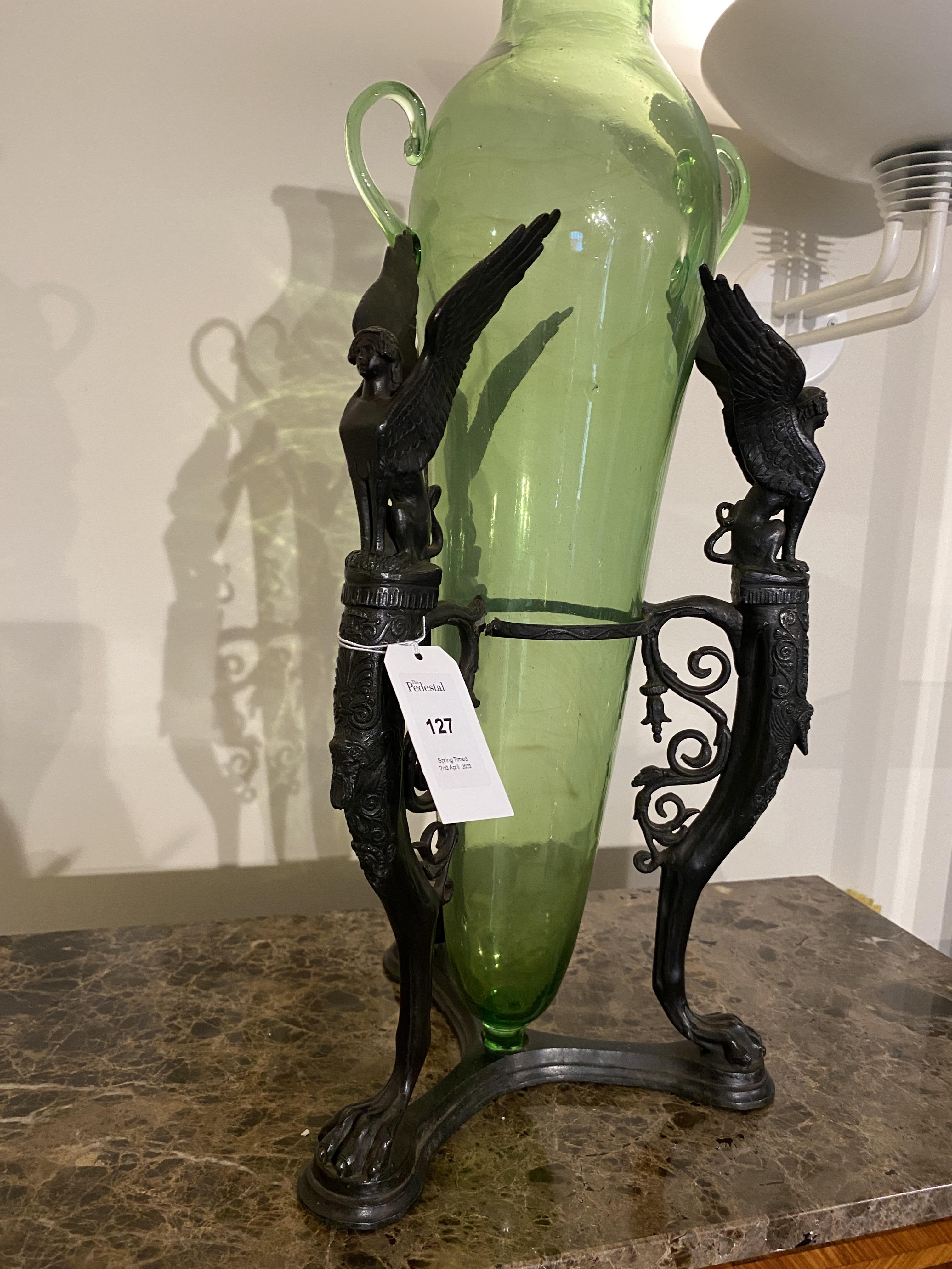 A late 19th century French Empire style green glass amphora on a patinated bronze triform base - Image 7 of 10