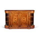 A fine Victorian burr walnut and sycamore marquetry bowfront credenza
