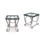 A pair of Paultons of Chelsea silvered iron occasional tables