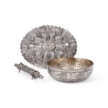 A Turkish white metal courting mirror, a Lebanese silver plated bowl and an Indian carving set