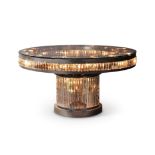 Timothy Oulton: A Rex circular illuminated raw iron and glass dining table