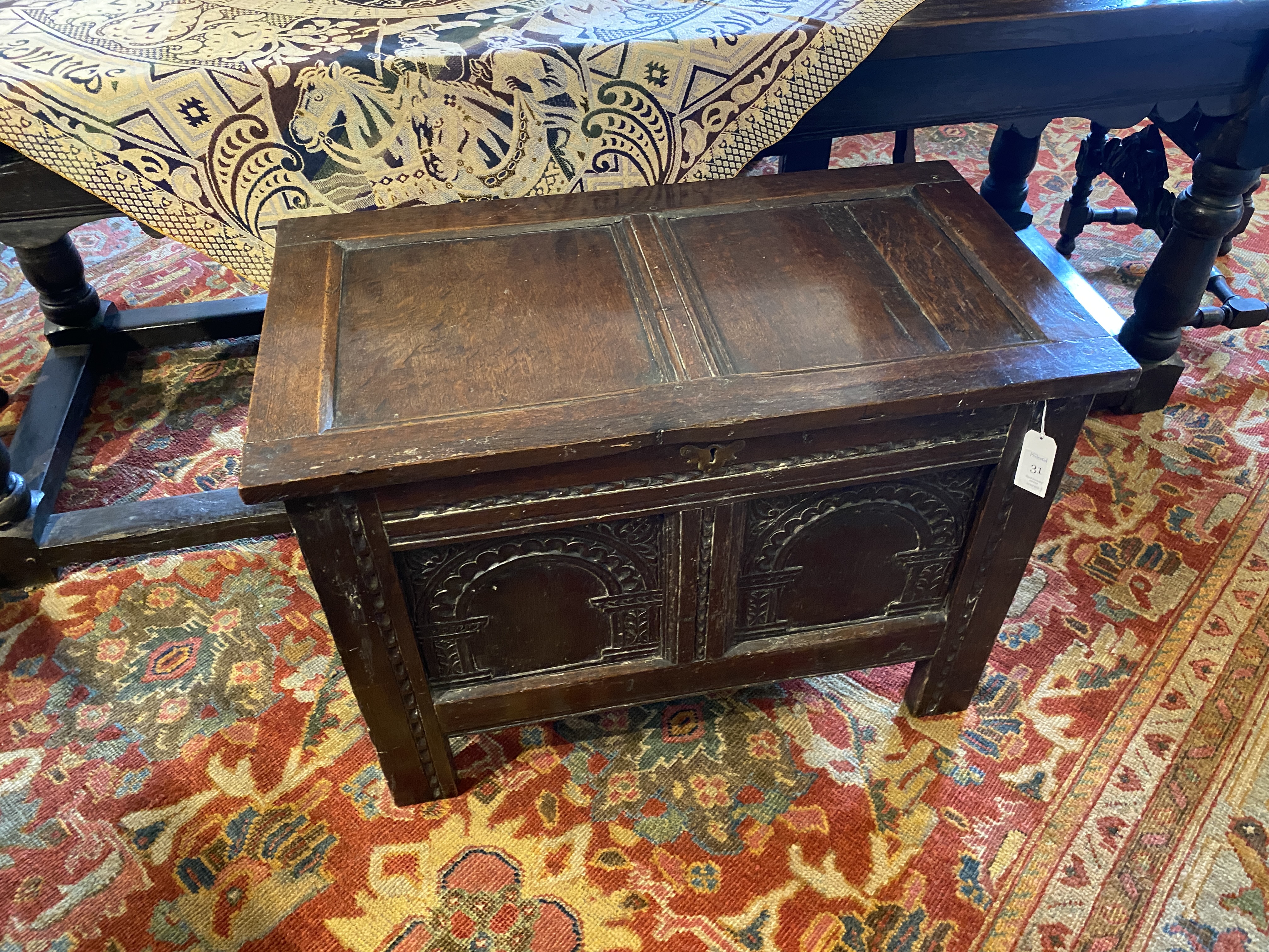 A small late 17th century oak carved chest - Image 2 of 12