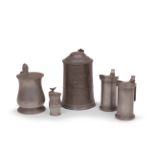 A group of five 18th century and 19th century pewter lidded tankards