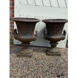 A pair of Victorian cast iron twin handled campana shaped garden urns