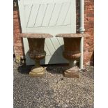 A pair of cast iron campana shaped garden urns