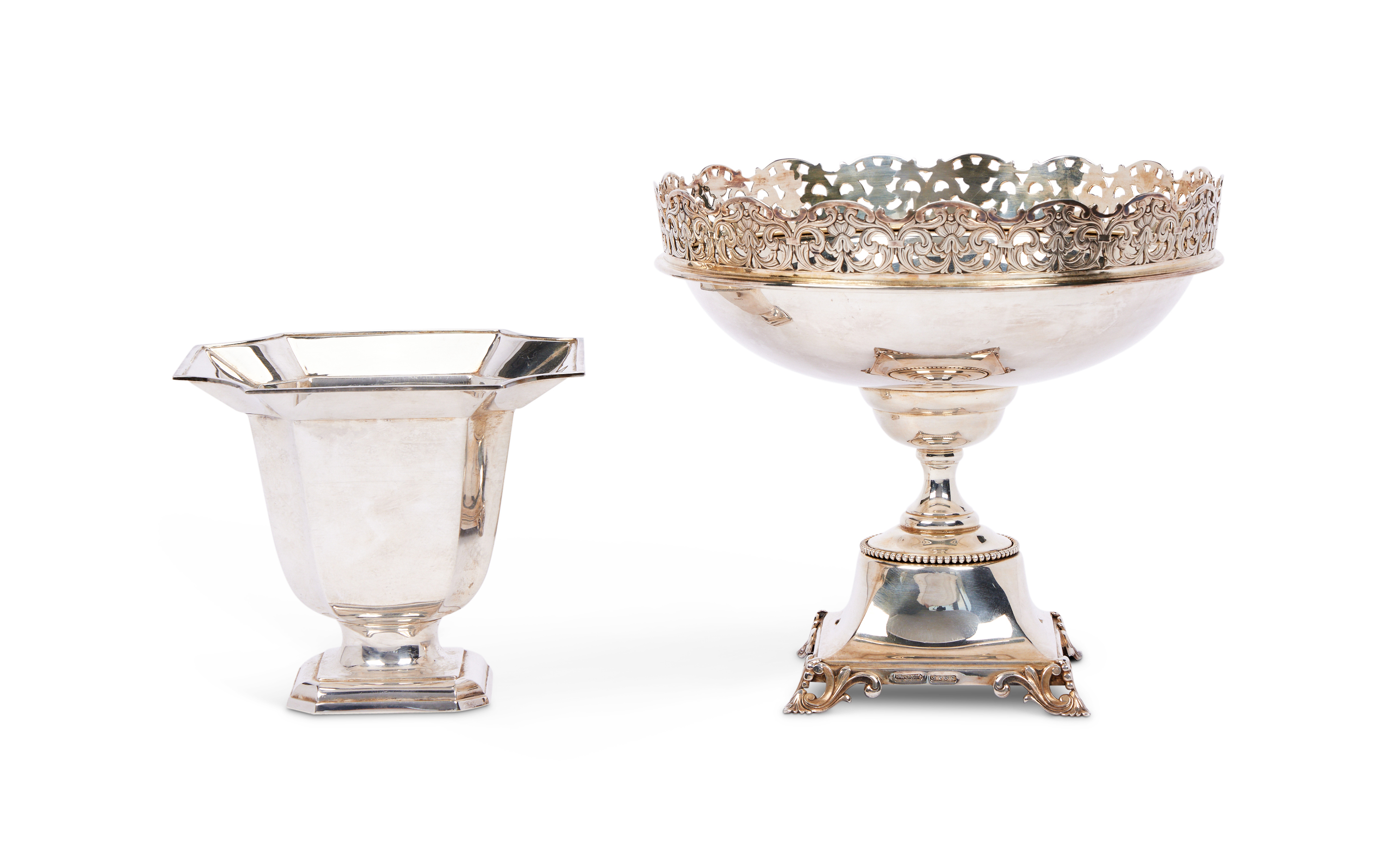 An Edward VII octagonal silver vase of flared form and a silver plated tazza