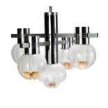 A 1960's Italian chrome and glass five light chandelier by Lamter Milano