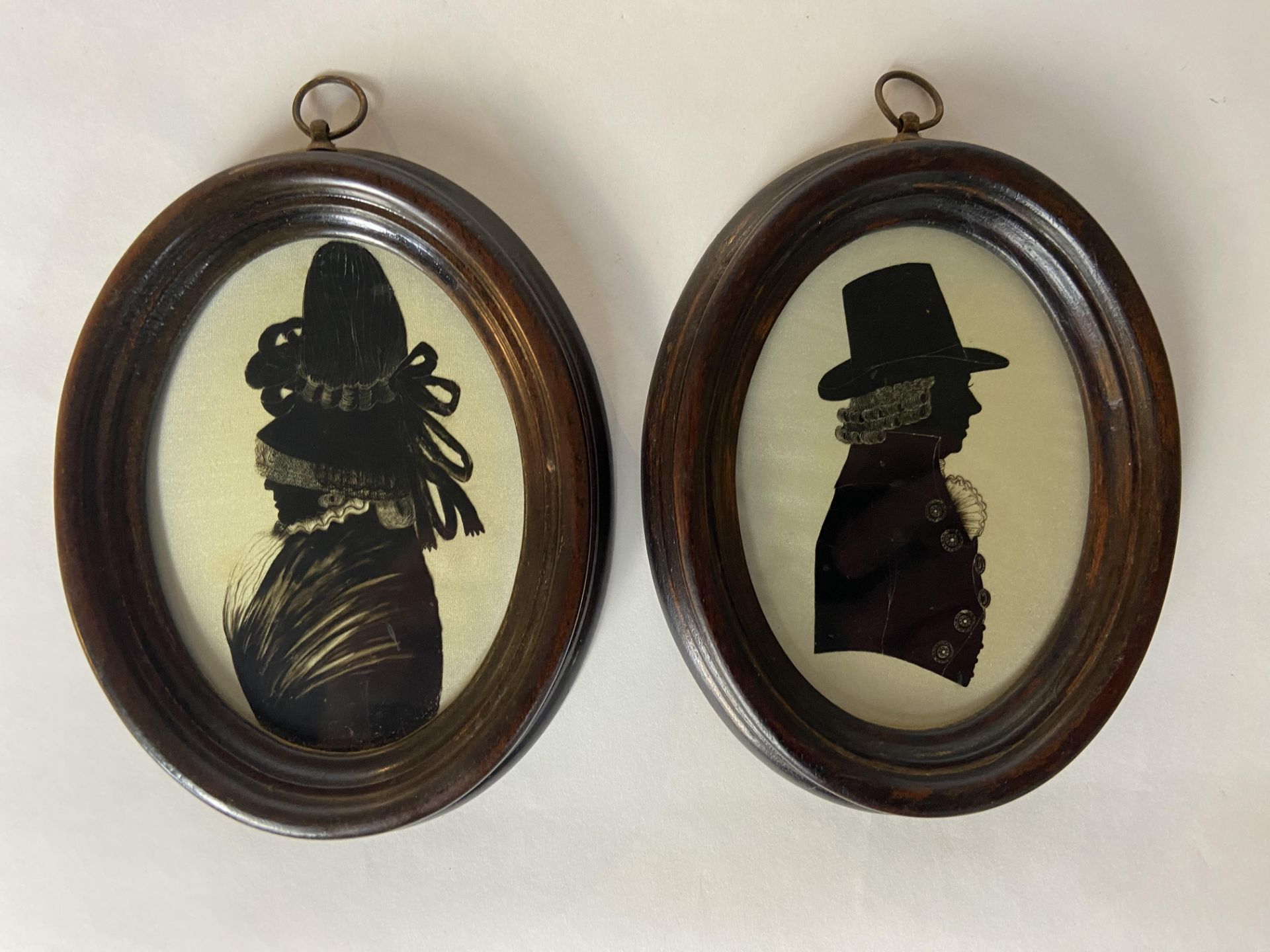 A pair of late 18th century silhouette portraits on silk of Thomas and Susanna Whittey together with - Image 2 of 6