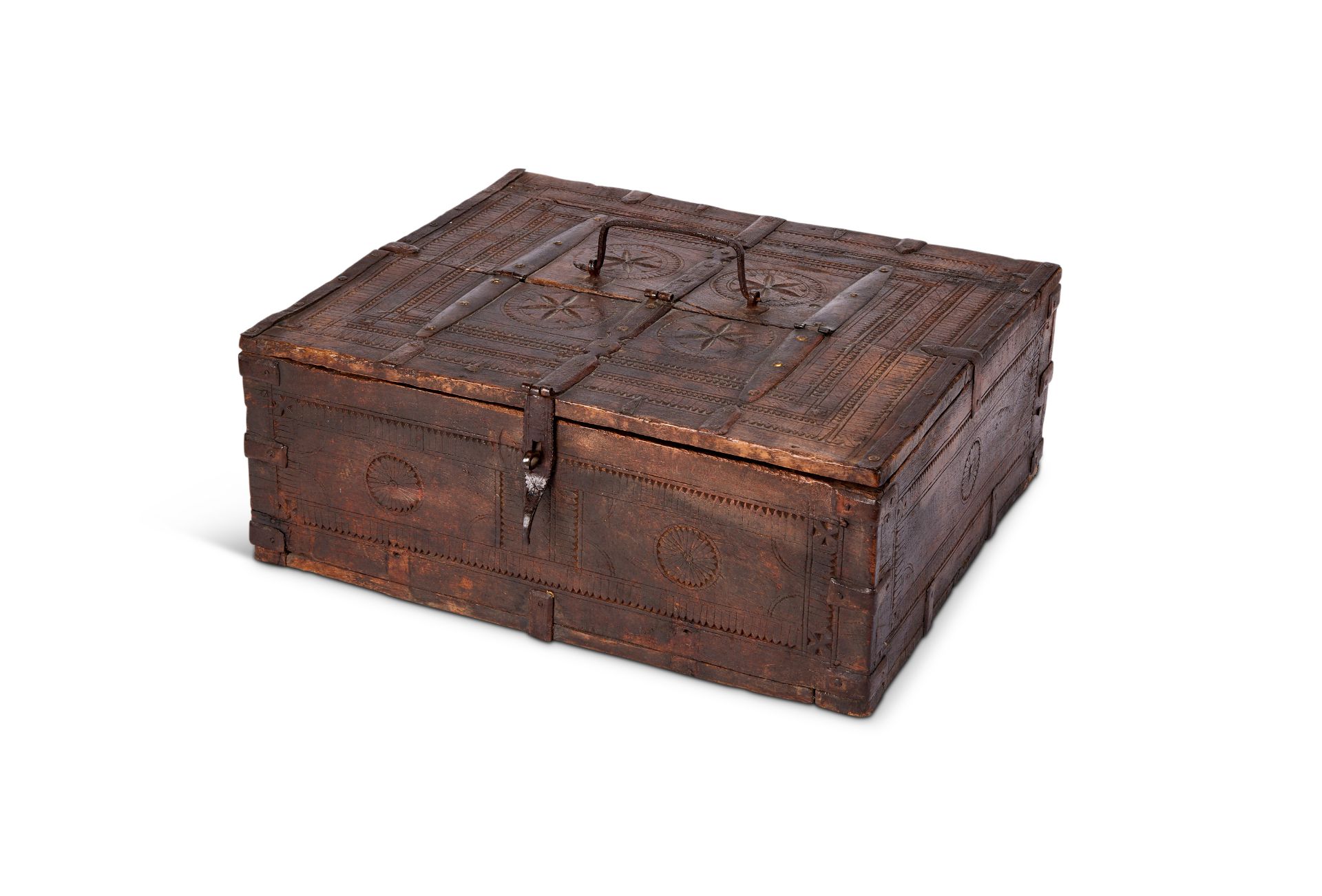 An early 20th century Northern Indian carved teak dowry box