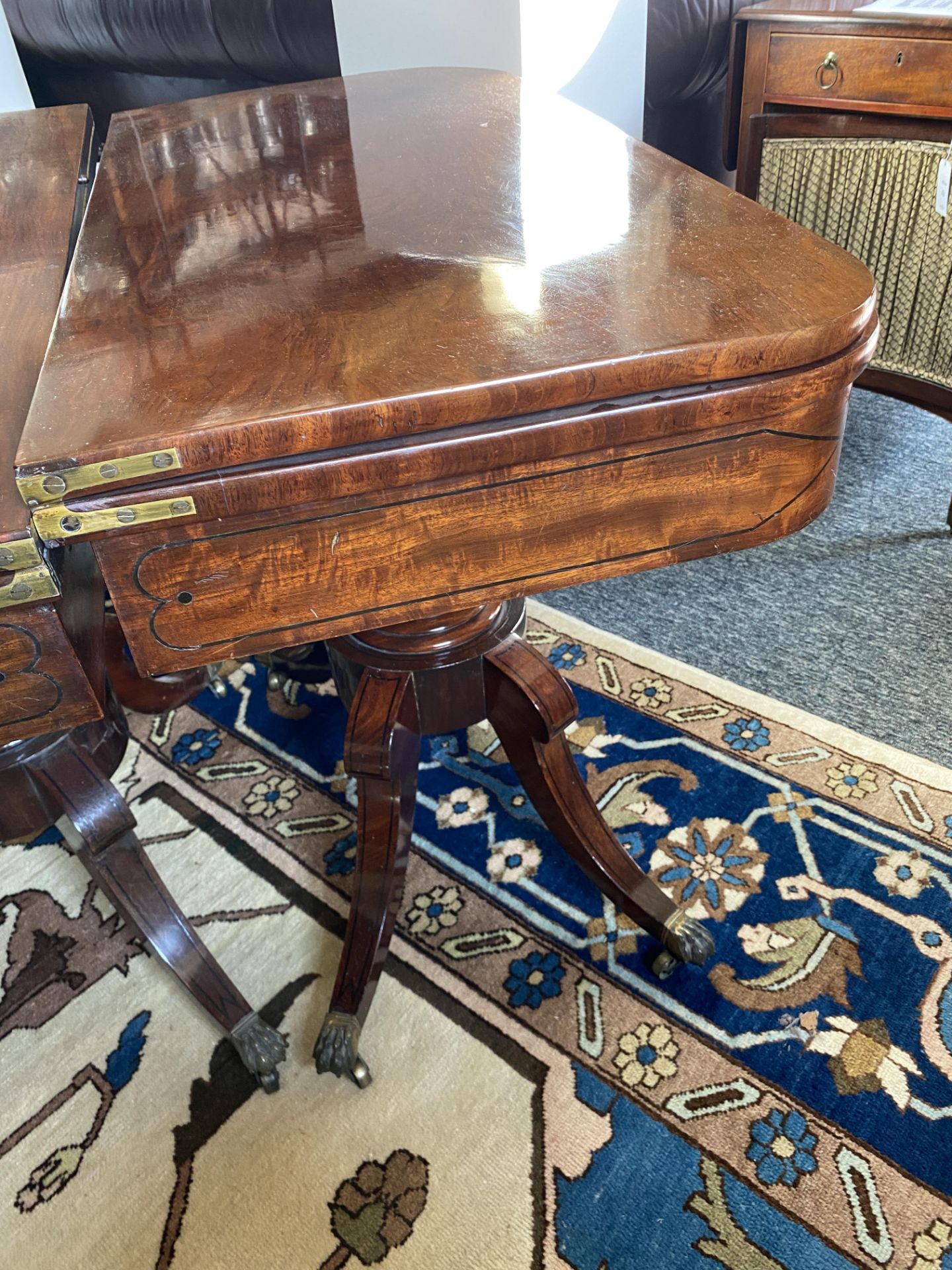 A pair of Regency mahogany and ebony line and dot inlaid card tables - Image 8 of 14