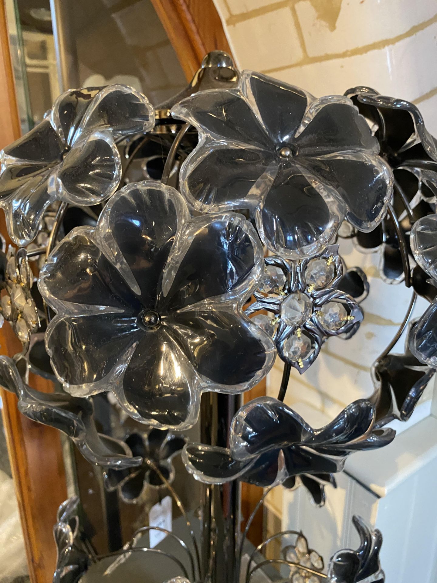 A gun metal and plastic tree two-light lamp with flowerhead decoration - Image 10 of 12