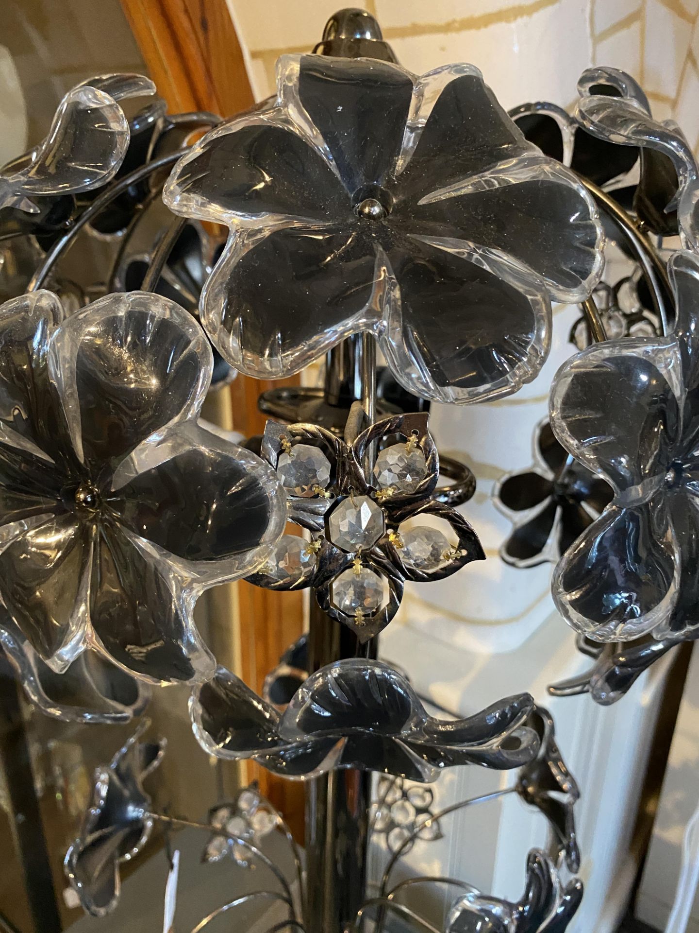 A gun metal and plastic tree two-light lamp with flowerhead decoration - Image 11 of 12