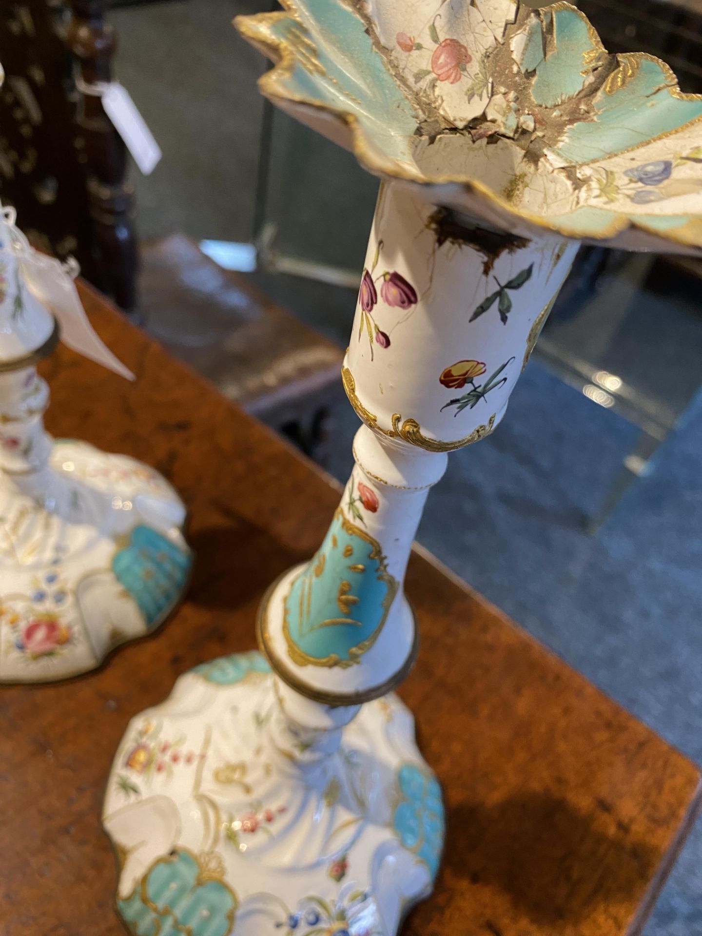 A pair of late 18th century South Staffordshire enamel candlesticks - Image 6 of 11