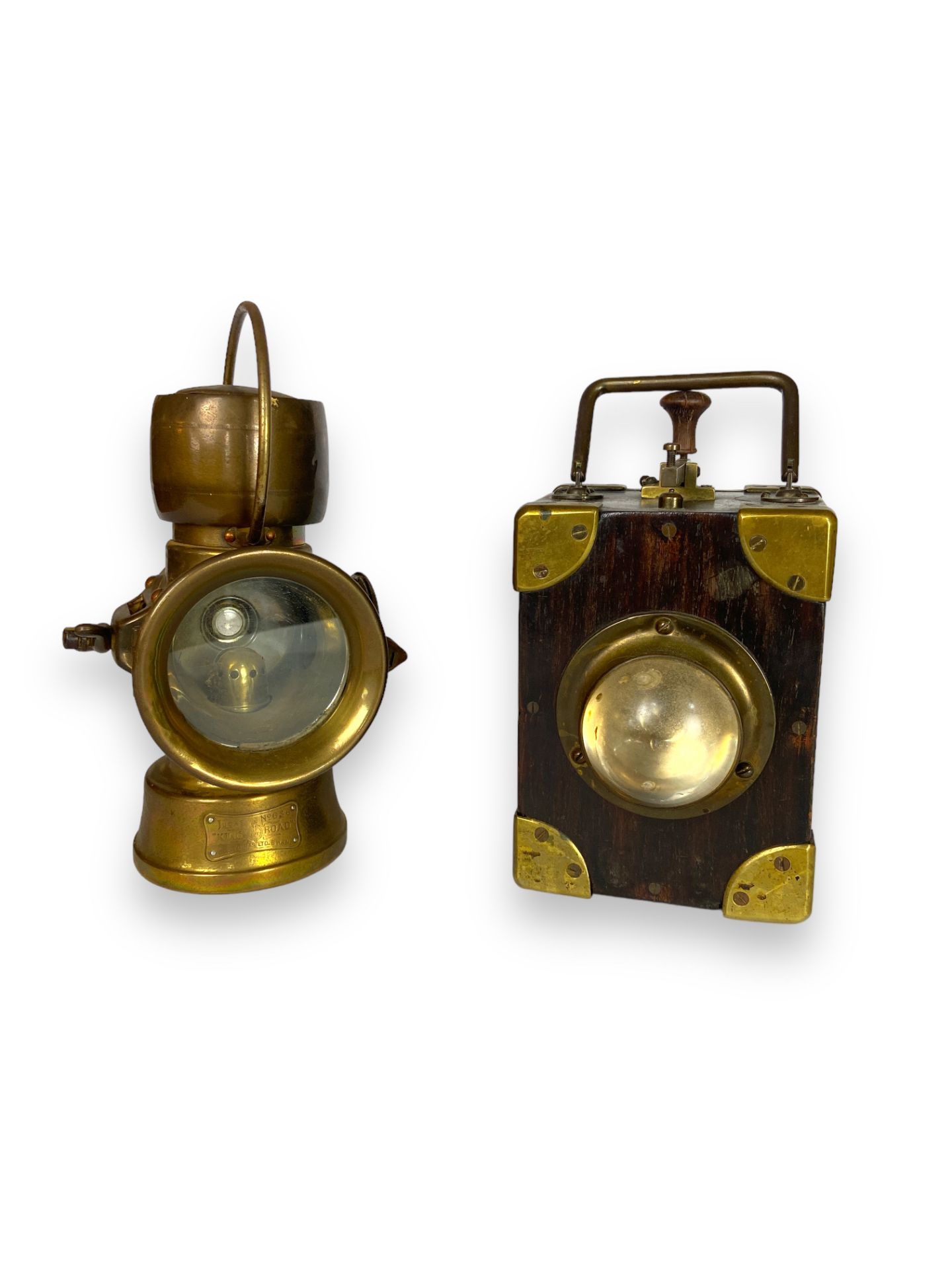 An early 20th century WWI British battery trench torch and a brass lantern by Joseph Lucas Ltd