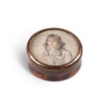An 18th century French tortoiseshell snuff box inset with a portrait of a gentleman