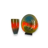 A contemporary Art Glass tall vase and matching large shallow bowl