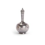 A 19th century Indian silver-inlaid alloy Bidri ware flask and stopper (Sahari),