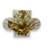 A white and gilt plaster military trophy wall plaque
