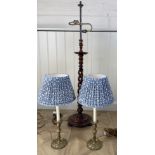 A pair of brass candlestick table lamps, together with a Victorian walnut candlestand / floor lamp b