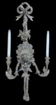 A Louis XVI style grey painted pine twin-light wall appliqué / wall light With riband tied