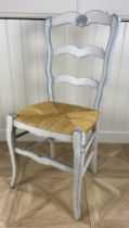 A set of six Scandinavian white and blue painted rush seated dining chairs