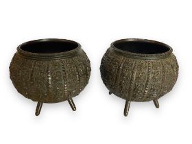 A pair of 19th century Chinese patinated bronze pots and an Indian four-piece silver plated tea
