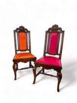 A pair of early 18th century French Louis XIV walnut carved side chairs