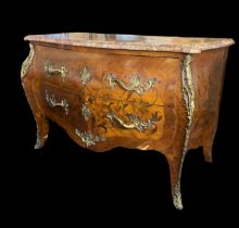 A Louis XV style kingwood, rosewood and sycamore marquetry serpentine commode by J.Grand